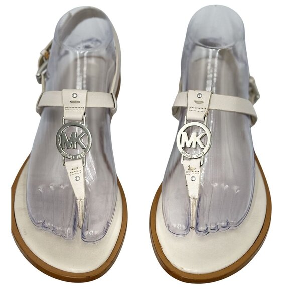 Michael Kors Womens Leather Sandals Size 8.5M Ivory MK Logo Adjustable Strap - Picture 1 of 10